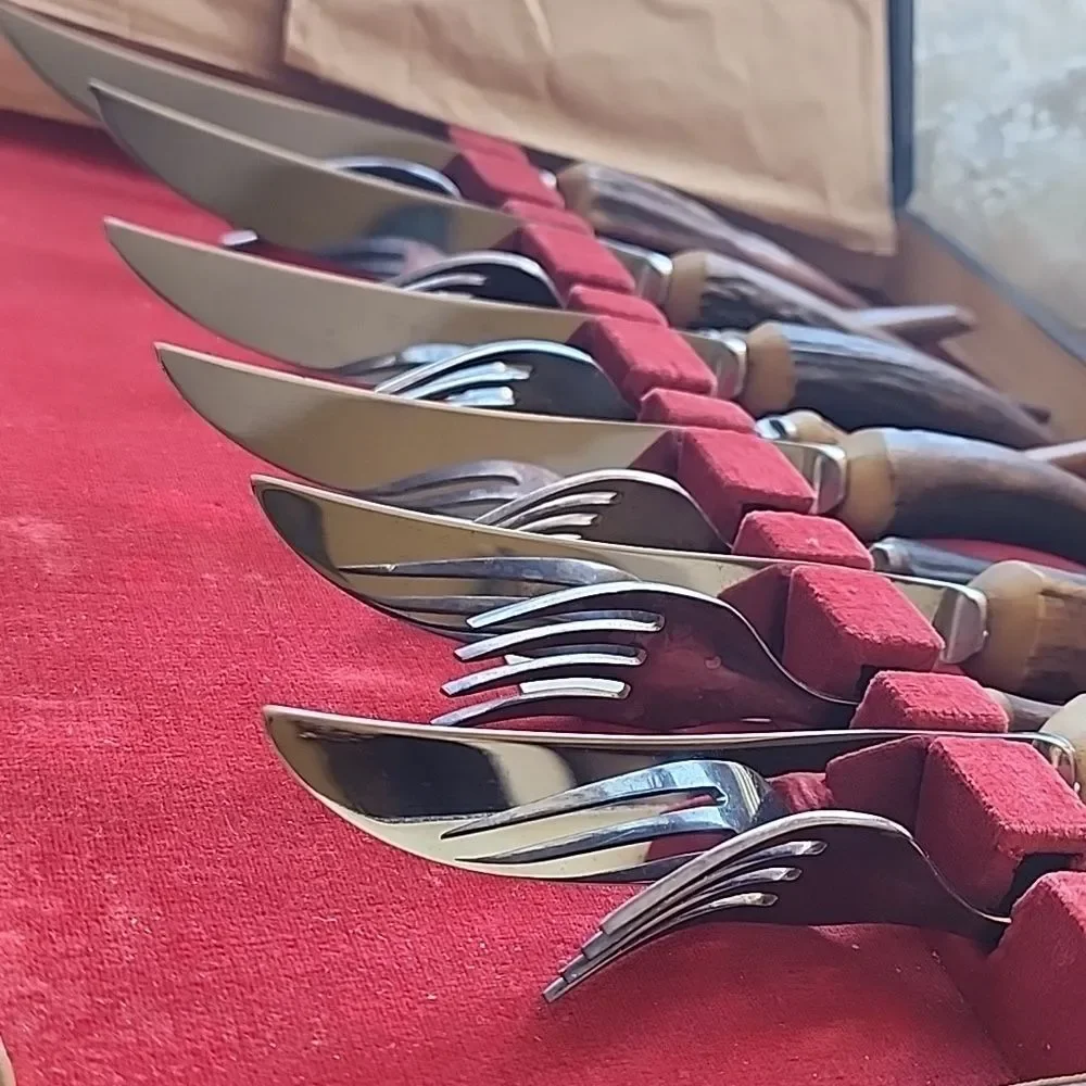 Vintage J Sanderson & Son Faux Stag Horn/Antler Knife/Fork Set Original Case
